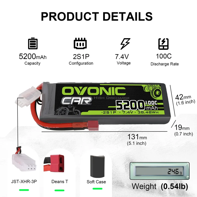 Ovonic Car 2S Lipo Akku 5200mAh 2S1P 100C 7,4V RC Lipo Akku HardCase mit Deans T Stecker (2 Stück)