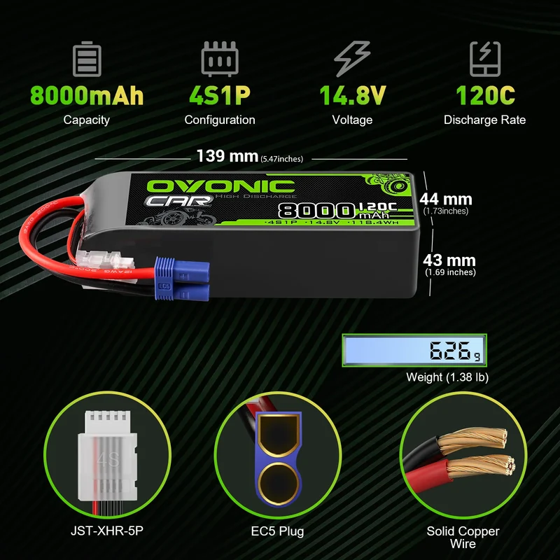 Ovonic Car 4S Lipo Akku 8000mAh 120C 14,8V RC Lipo Akku mit EC5 Stecker (2 Stück)