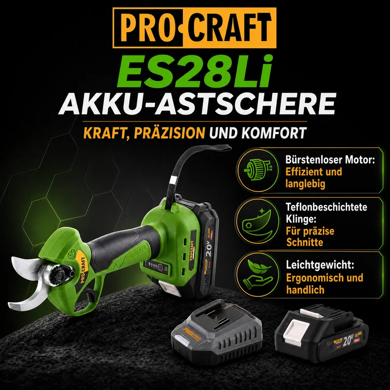 Procraft ES28Li bb Akku Astschere Gartenschere 20 V 25 mm + 2x Akku 2,0 Ah + Ladegerät