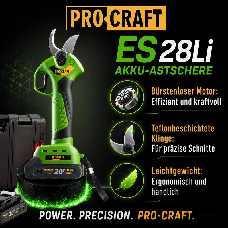 Procraft ES28Li bb Akku Astschere Gartenschere 20 V 25 mm + 2x Akku 2,0 Ah + Ladegerät + RHINO Toolcase