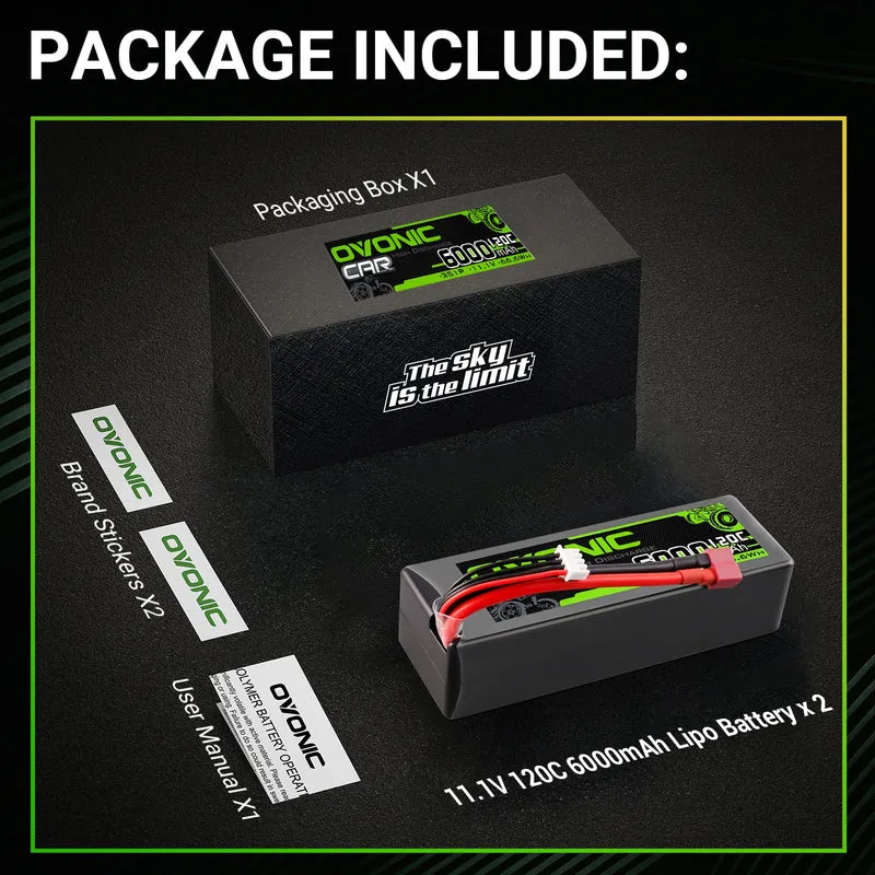 Ovonic Car 3S Lipo Akku 6000mAh 120C 11,1V RC Lipo Akku mit Deans T Stecker (2 Stück)