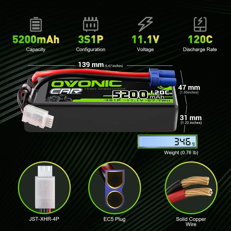 Ovonic Car 3S Lipo Akku 5200mAh 120C 11,1V RC Lipo Akku mit EC5 Stecker (2 Stück)