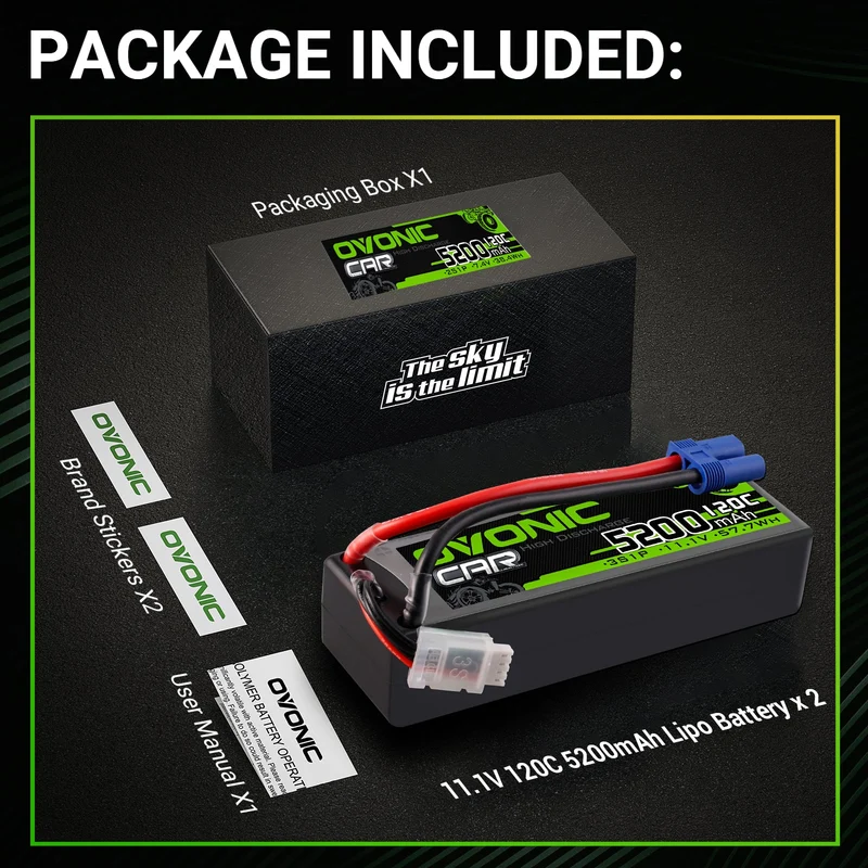 Ovonic Car 3S Lipo Akku 5200mAh 120C 11,1V RC Lipo Akku mit EC5 Stecker (2 Stück)