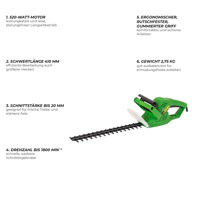 Procraft PT520 Heckenschere 520 Watt 410 mm Schnittlänge 20 mm Schnittstärke