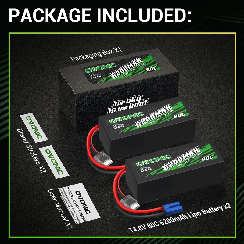 Ovonic Rebel 4S 6200mAh Lipo Akku 80C 14,8V RC Lipo Akku mit EC5 Stecker (2 Stück)