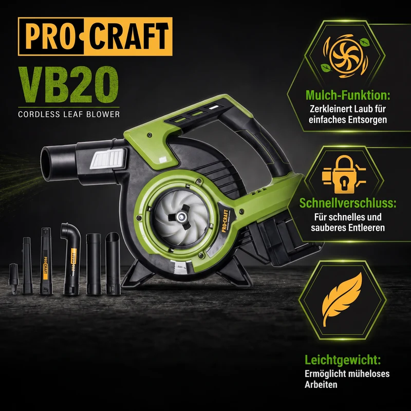 Procraft VB20 Akku Laubbläser und Laubsauger 40 V ( 2x 20 V ) Brushless Solo - ohne Akku, ohne Ladegerät