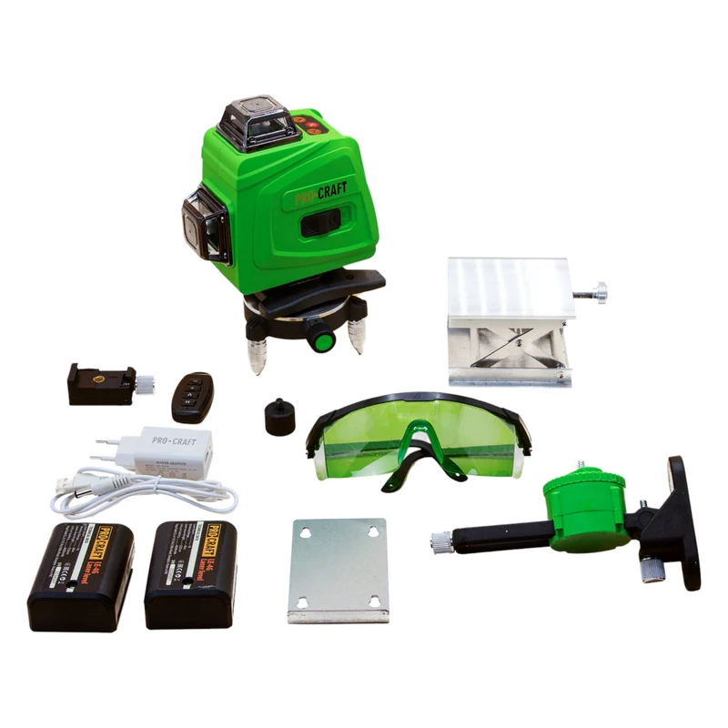 Procraft LE-4G Akku Linien- / Kreuzlinienlaser Set 3,7 V 40 m grün selbstnivellierend inkl. Akkus, Ladegerät & Zubehör