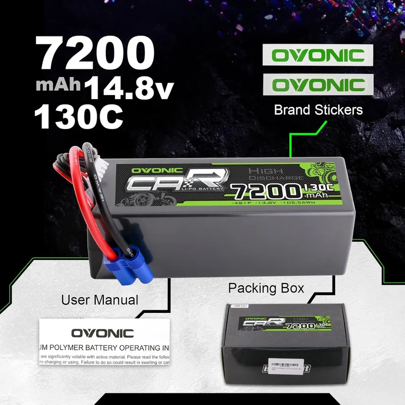 Ovonic Car 4S 7200mAh Lipo Akku 130C 14,8V RC Lipo Akku mit EC5 Stecker (2 Stück)