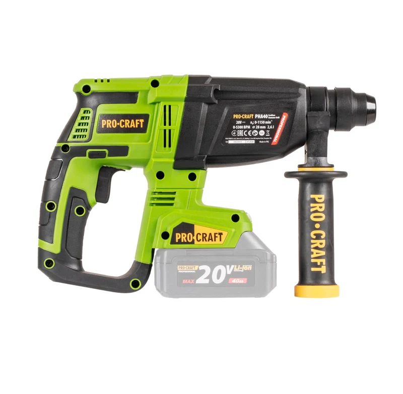 Procraft PHA40bb-c Akku Bohrhammer 20 V 2,6 J SDS plus Brushless + 2x Akku 2,0 Ah + Ladegerät + Koffer