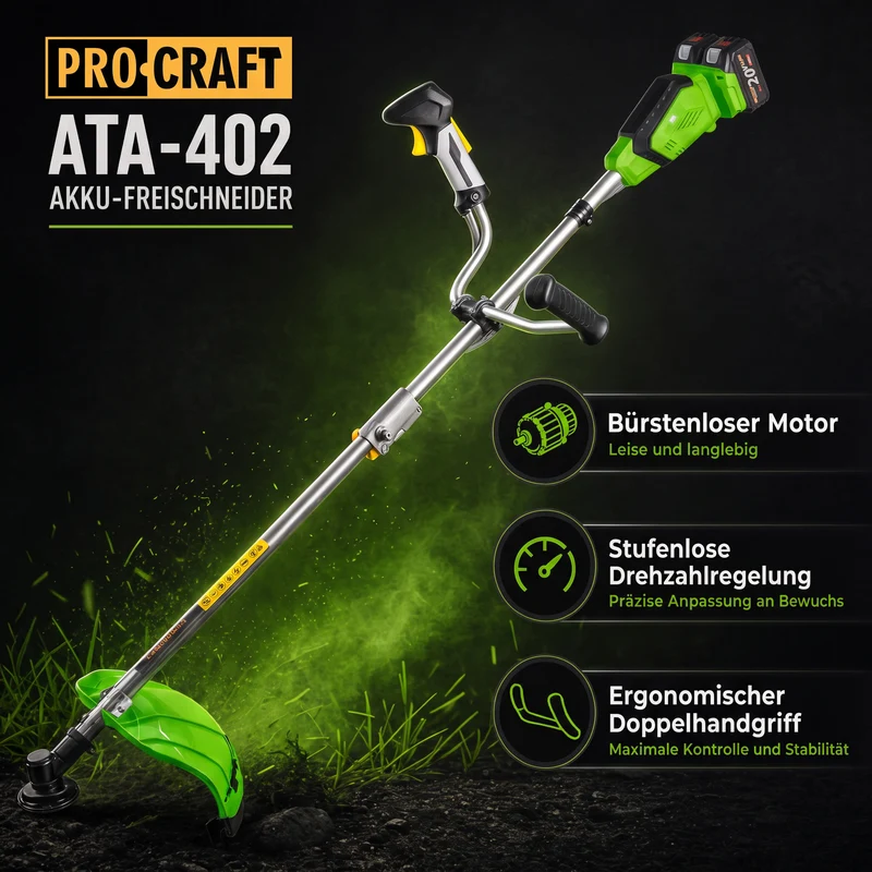 Procraft ATA-40/2 Akku Freischneider 40 V ( 2x 20 V ) 420 mm Brushless + 2x Akku 4,0 Ah + Ladegerät