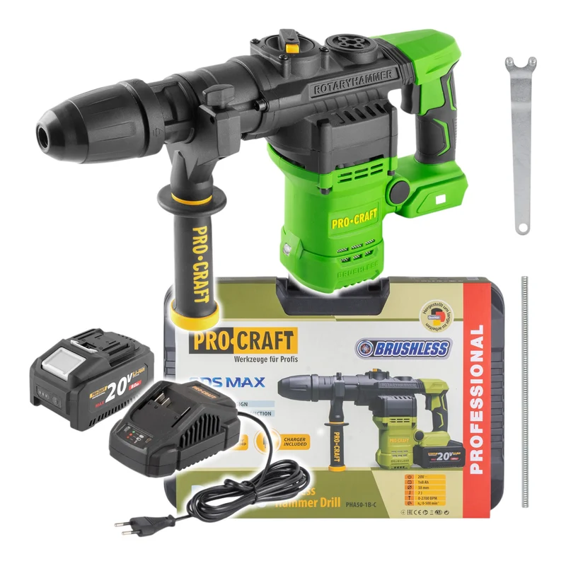Procraft PHA50-1B-C Akku Bohrhammer 20 V 7 J SDS max Brushless + 1x Akku 8,0 Ah + Ladegerät + Koffer