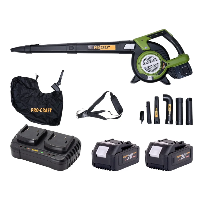 Procraft VB20 Akku Laubbläser und Laubsauger 40 V ( 2x 20 V ) Brushless + 2x Akku 4,0 Ah + Doppelladegerät