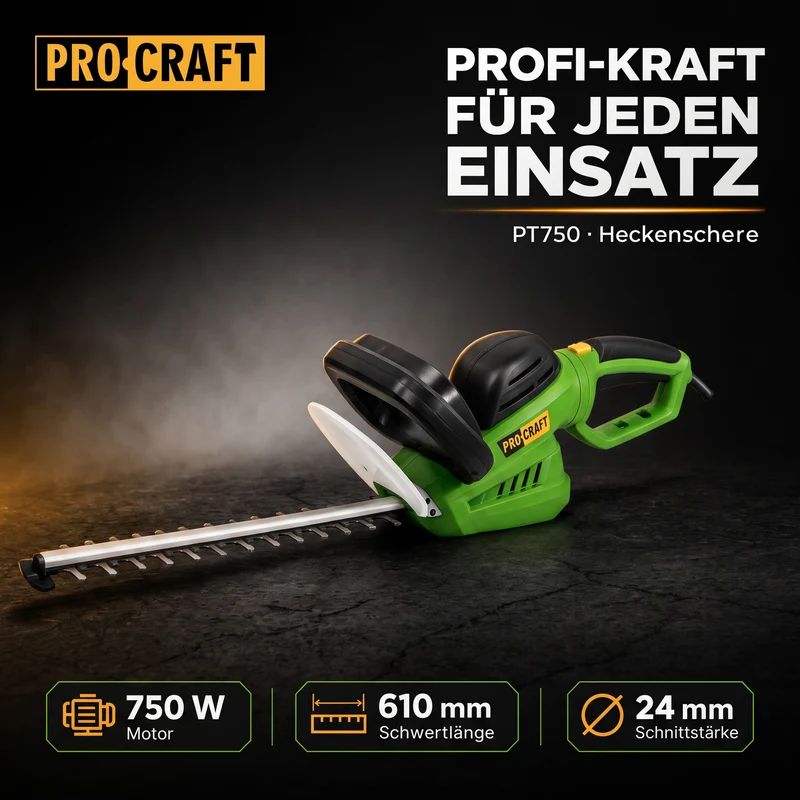 Procraft PT750 Heckenschere 750 Watt 610 mm Schnittlänge 24 mm Schnittstärke