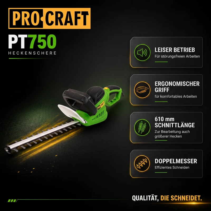 Procraft PT750 Heckenschere 750 Watt 610 mm Schnittlänge 24 mm Schnittstärke