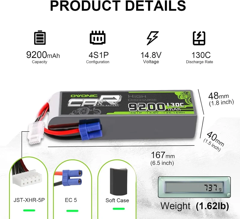 Ovonic Car 4S 9200mAh Lipo Akku 130C 14,8V RC Lipo Akku mit EC5 Stecker (2 Stück)