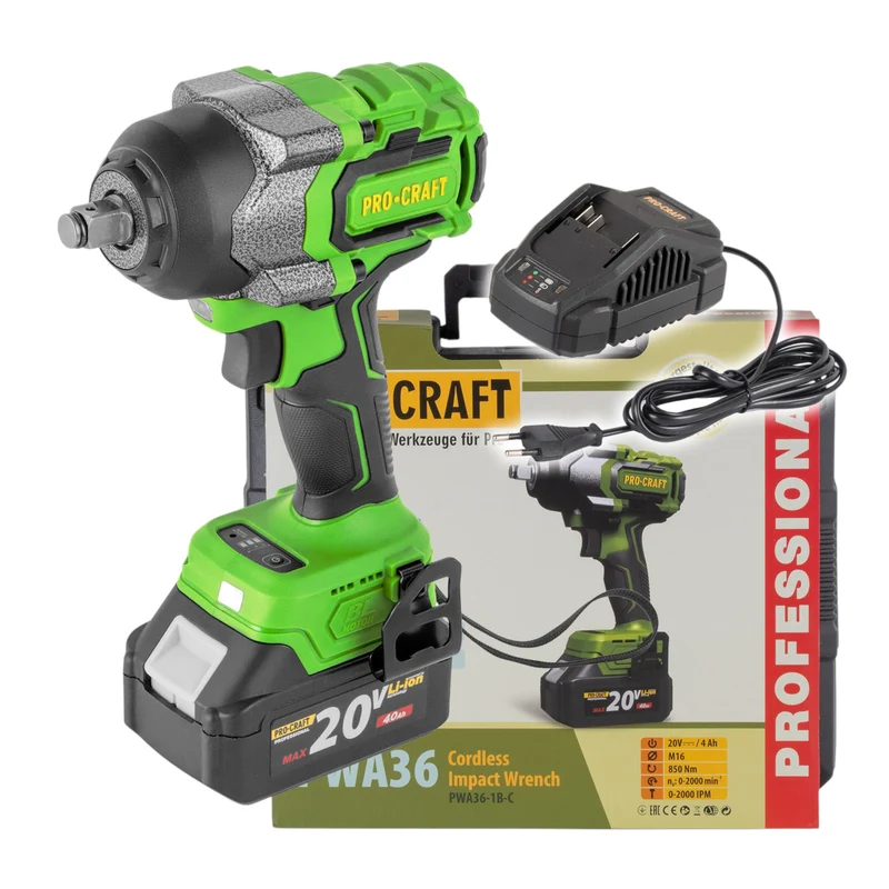 Procraft PWA36-1B-C Akku Schlagschrauber 20 V 850 Nm 1/2" Brushless + 1x Akku 4,0 Ah + Ladegerät + Koffer