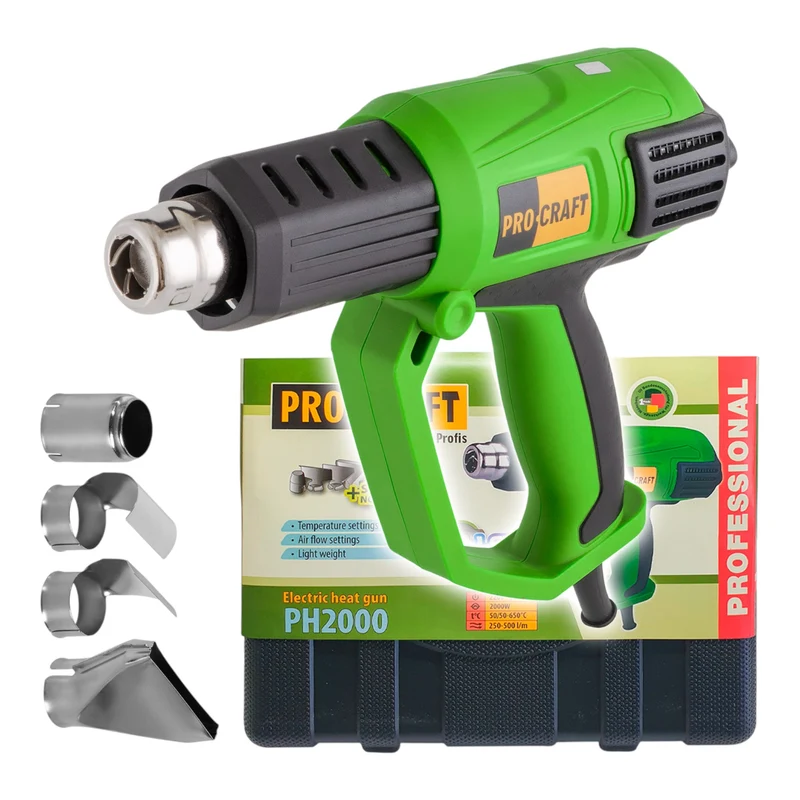 Procraft PH2000 Heißluftpistole 2000 Watt 50 - 600 °C + 4x Düse + Koffer