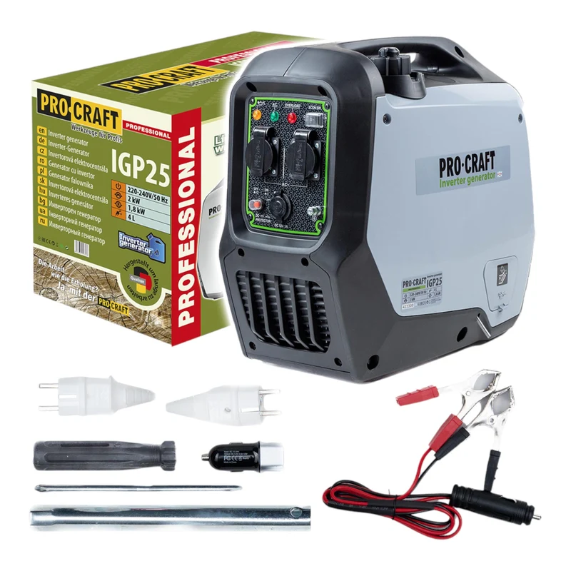 Procraft IGP25 Benzin Inverter Generator Stromerzeuger 1800 W 4000 ml 2× 230 V, 1× 12 V DC Ausgang