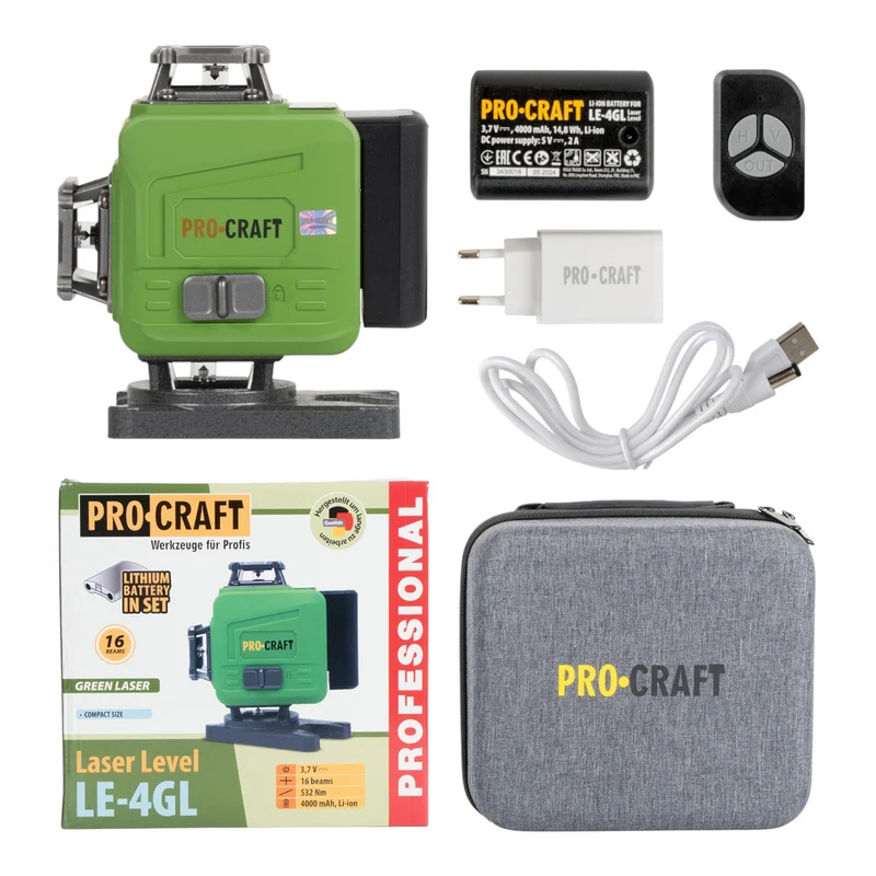 Procraft LE-4GL Akku Kreuzlinienlaser 3,7 V 40 m grün selbstnivellierend + 1x Akku 4,0 Ah + Ladegerät