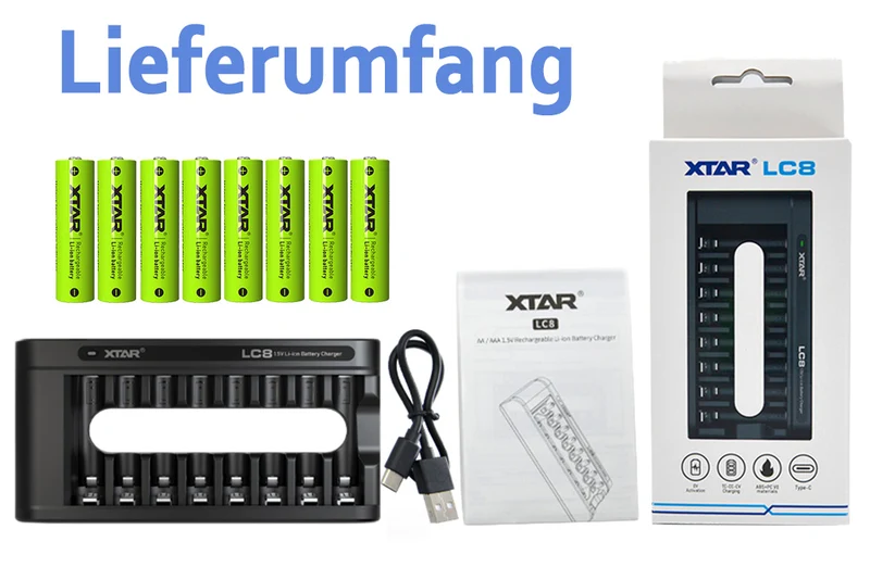Xtar LC8 – Ladegerät, incl. AA (Mignon) LR6 1,5V Li-Ionen-Akkus mit Akku-Wechselanzeige