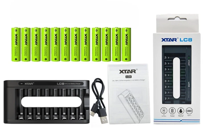 Xtar LC8 – Ladegerät, incl. AA (Mignon) LR6 1,5V Li-Ionen-Akkus mit Akku-Wechselanzeige