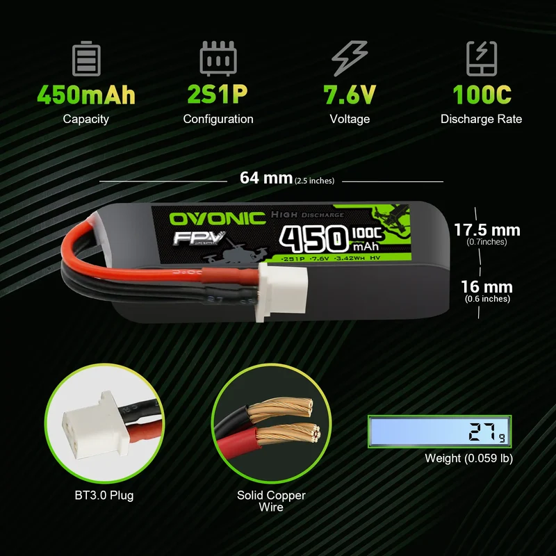 OVONIC FPV 2S 450mAh Lipo Akku 2S1P 100C 7,6V LiHV LiPo-Akku mit BT3.0-Stecker (4 Stück)