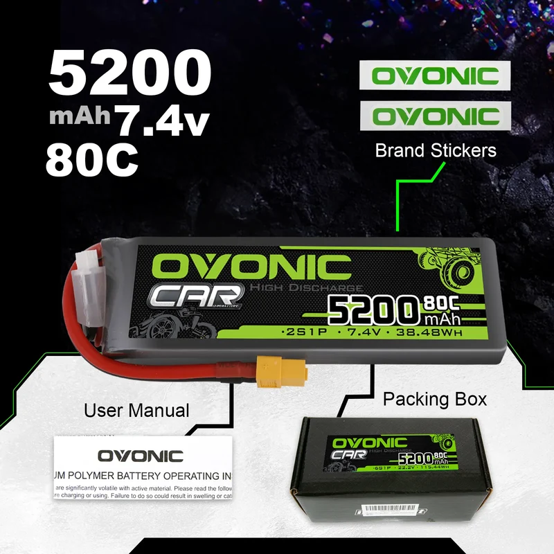 Ovonic Car 2S Lipo Akku 5200mAh 80C 7,4V RC Lipo Akku HardCase mit XT60 Stecker (2 Stück)