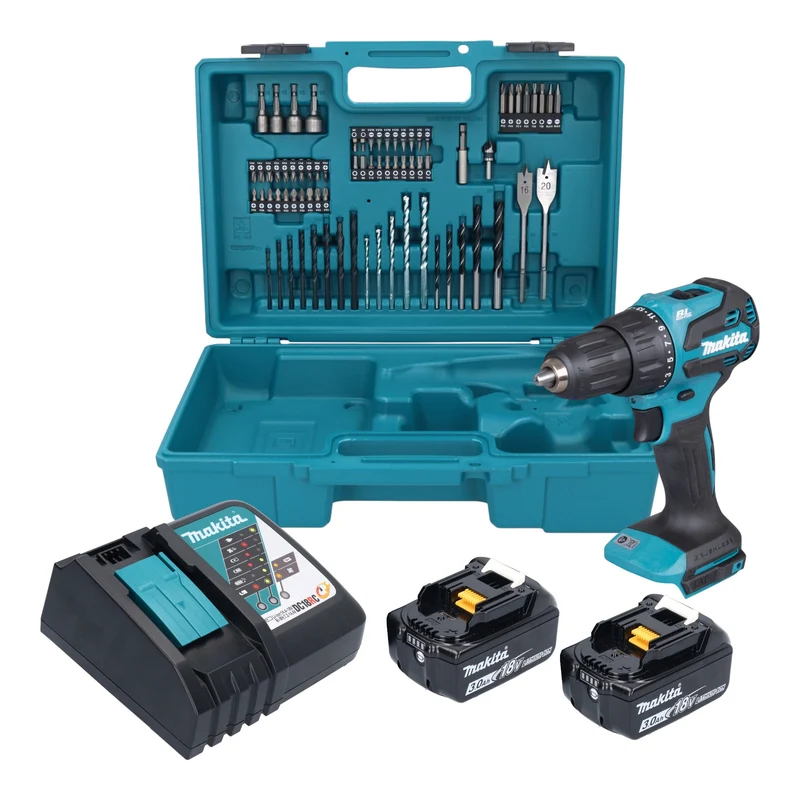 Makita DHP 490 RFX3 Akku Schlagbohrschrauber 18 V 65 Nm Brushless + 2x Akku 3,0 Ah + Ladegerät + 74 tlg. Zubehör Set + Koffer