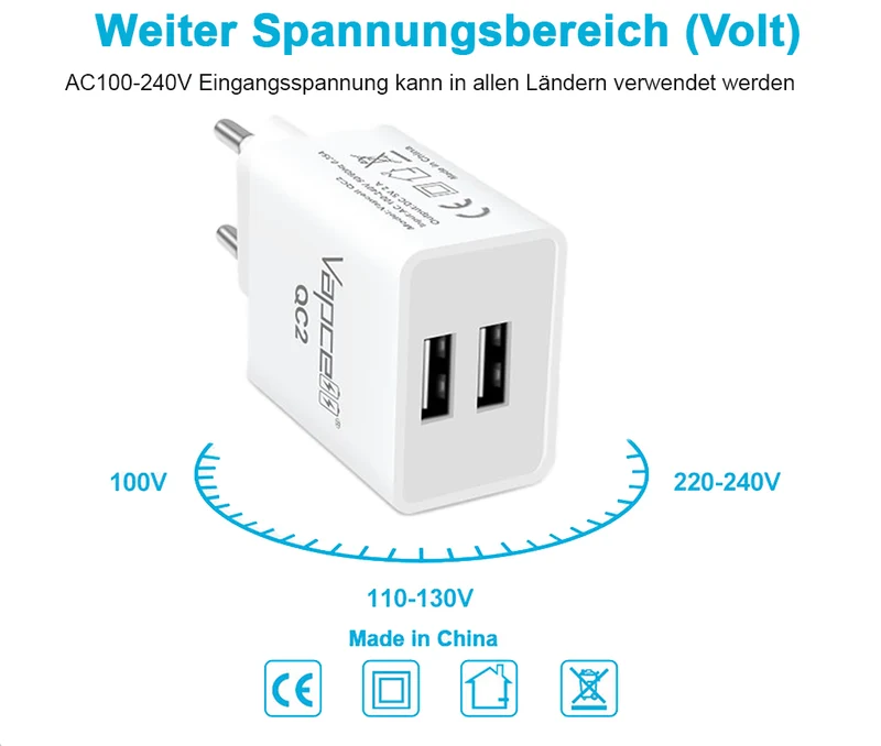 USB-Netzteil Vapcell QC2 5V - 2,1A mit 2 x USB-A Ausgang