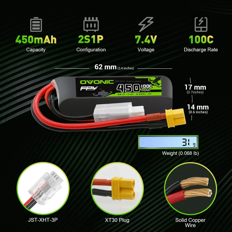 OVONIC FPV 2S 450mAh Lipo Akku 2S1P 100C 7,4V LiPo Akku mit XT30 Stecker (4 Stück)