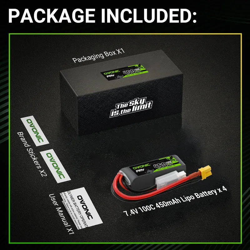 OVONIC FPV 2S 450mAh Lipo Akku 2S1P 100C 7,4V LiPo Akku mit XT30 Stecker (4 Stück)