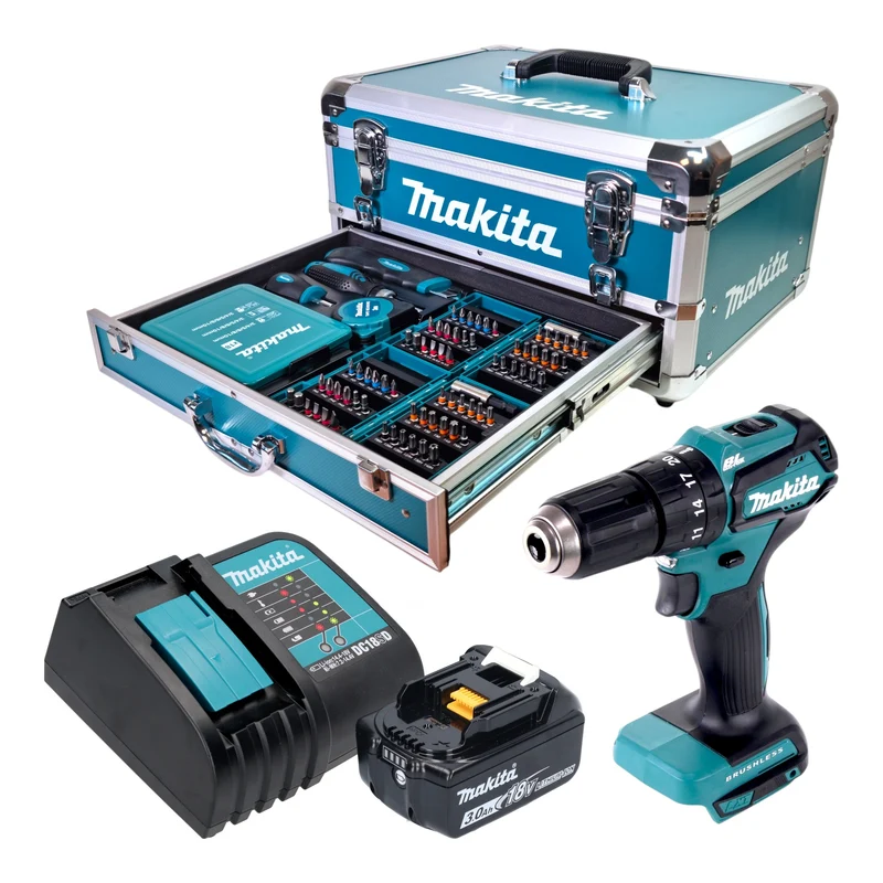 Makita DHP 483 SF1X9 Akku Schlagbohrschrauber 18 V 40 Nm Brushless + 1x Akku 3,0 Ah + Ladegerät + 96 tlg. Zubehör Set + Koffer