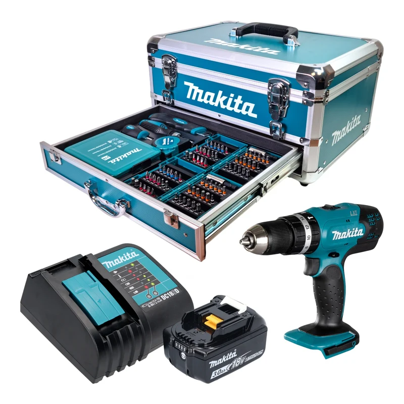 Makita DHP 453 SF1X9 Akku Schlagbohrschrauber 18 V 42 Nm + 1x Akku 3,0 Ah + Ladegerät + 96 tlg. Zubehör Set + Koffer
