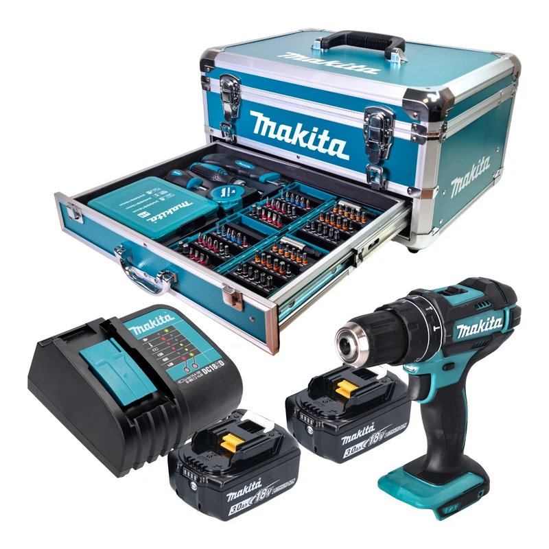 Makita DHP 482 SFX9 Akku Schlagbohrschrauber 18 V 62 Nm + 2x Akku 3,0 Ah + Ladegerät + 96 tlg. Zubehör Set + Koffer