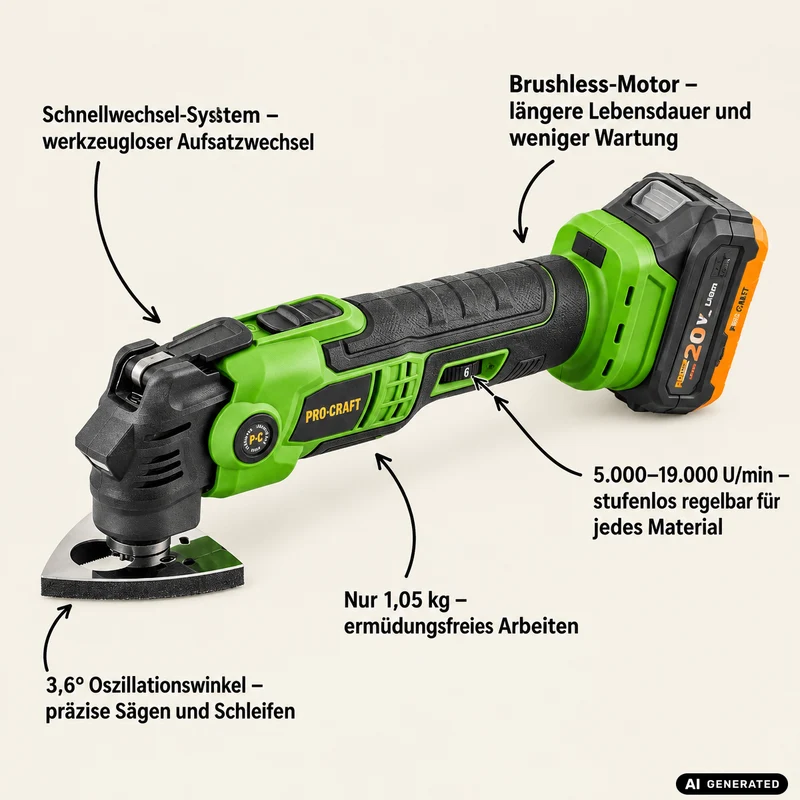 Procraft PMT22bb Akku Multifunktionswerkzeug 20 V Brushless - ohne Akku, ohne Ladegerät