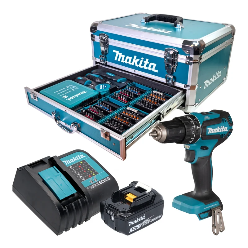 Makita DHP 485 SF1X9 Akku Schlagbohrschrauber 18 V 50 Nm Brushless + 1x Akku 3,0 Ah + Ladegerät + 96 tlg. Zubehör Set + Koffer