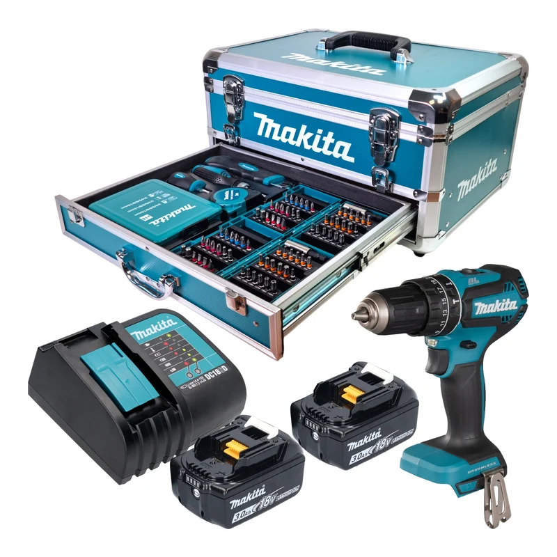 Makita DHP 485 SFX9 Akku Schlagbohrschrauber 18 V 50 Nm Brushless + 2x Akku 3,0 Ah + Ladegerät + 96 tlg. Zubehör Set + Koffer