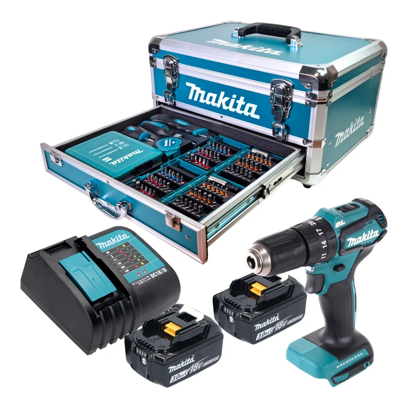 Makita DHP 483 SFX9 Akku Schlagbohrschrauber 18 V 40 Nm Brushless + 2x Akku 3,0 Ah + Ladegerät + 96 tlg. Zubehör Set + Koffer