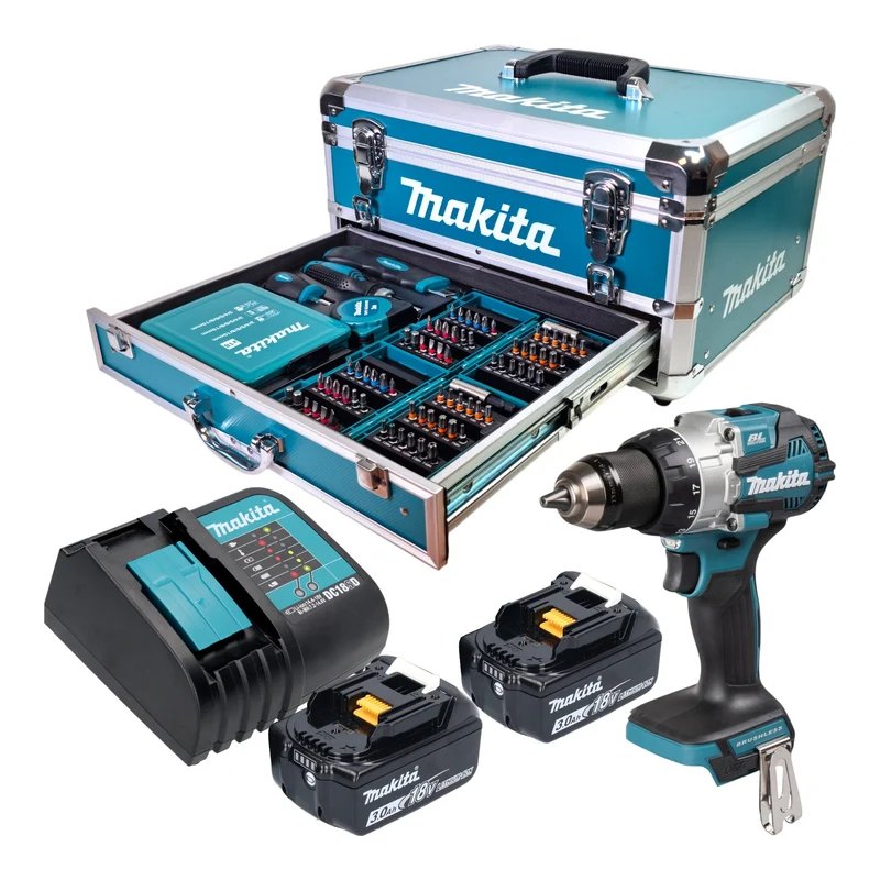 Makita DHP 489 SFX9 Akku Schlagbohrschrauber 18 V 73 Nm Brushless + 2x Akku 3,0 Ah + Ladegerät + 96 tlg. Zubehör Set + Koffer