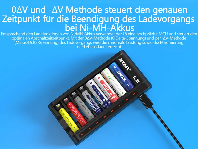 Xtar L8 – Ladegerät + 8x AA (Mignon) LR6 1,5V Li-Ion Akkus zzgl. USB QC3.0 Netzteil
