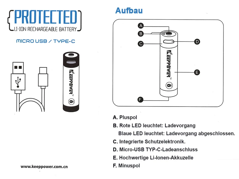 Keeppower 18650 - 3500mAh, Li-Ionen 3,7V - 3,6V - PCB geschützt, mit USB-C Lademöglichkeit P1835TC