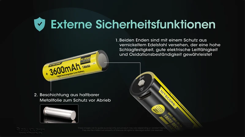 NiteCore Li-Ion-Akku 18650 - 3600mAh, 3,7V - NL1836R - USB-C - PCB geschützt