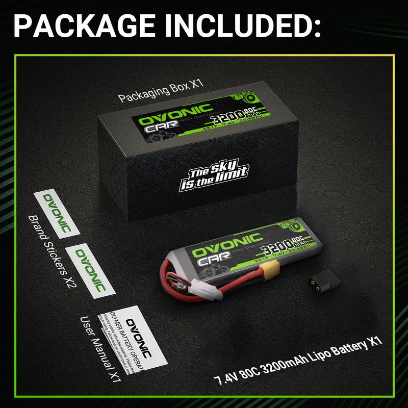 OVONIC Car 2S 3200mAh 80C 7,4V LiPo-Akku mit XT60 + TRA-Stecker für RC-Auto-LKW-Boot (2 St.)