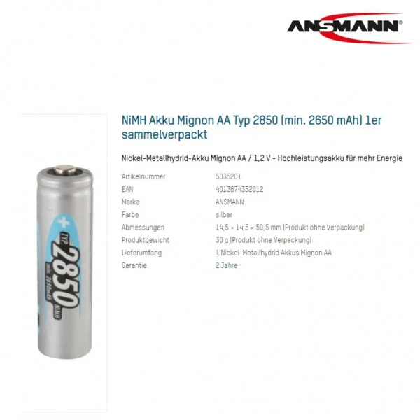 Ansmann Akku 1,2 Volt Akku mit 2850mAh mit Lötfahnen in U-Form oder in Z-Form auswählbar