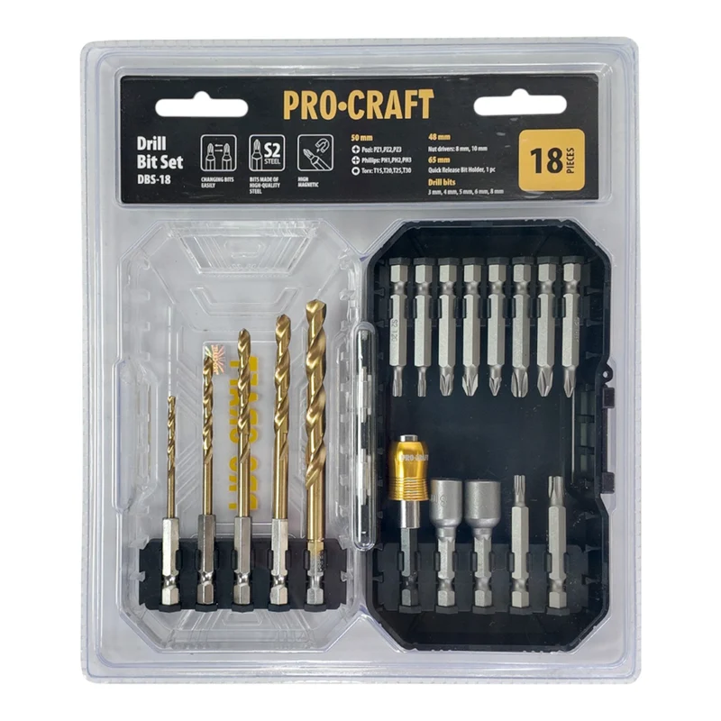 Procraft DBS-18 Bit und Bohrer Set 18 teilig S2 Stahl Phillips / Pozidriv / Torx