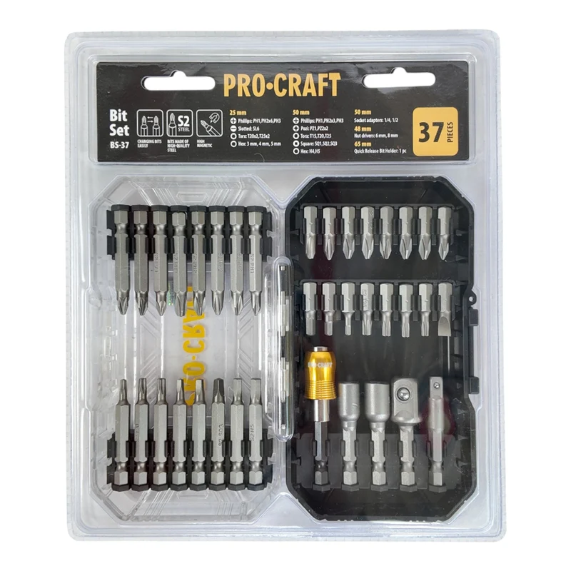 Procraft BS-37 Bit Set 37 teilig S2 Stahl Phillips / Pozidriv / Torx / Hex / Schlitz / Vierkant