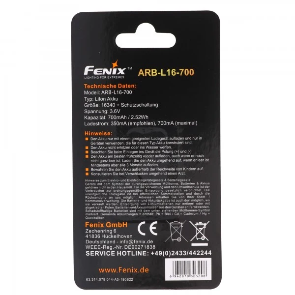 Fenix CR123 A Li-ion Batterie wiederaufladbar 3,6-3,7 Volt min.700mAh, typisch 760mAh, max. 820mAh, 35x16mm mit AkkuShop Transportbox