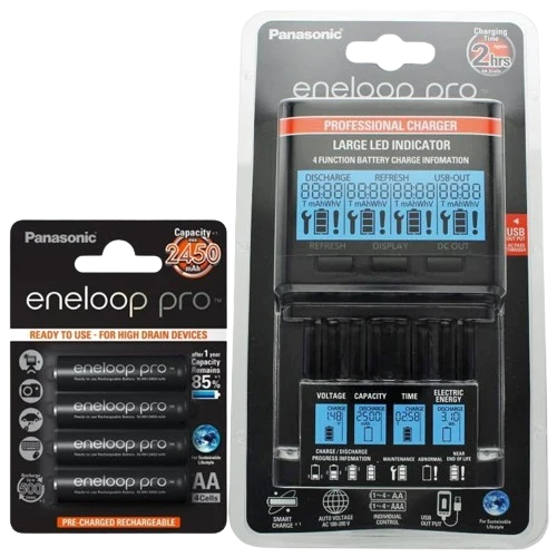 Panasonic eneloop Ladegerät BQ-CC65 inkl. LCD-Display, 4 eneloop Pro AA Mignon, AccuCell Box Blue