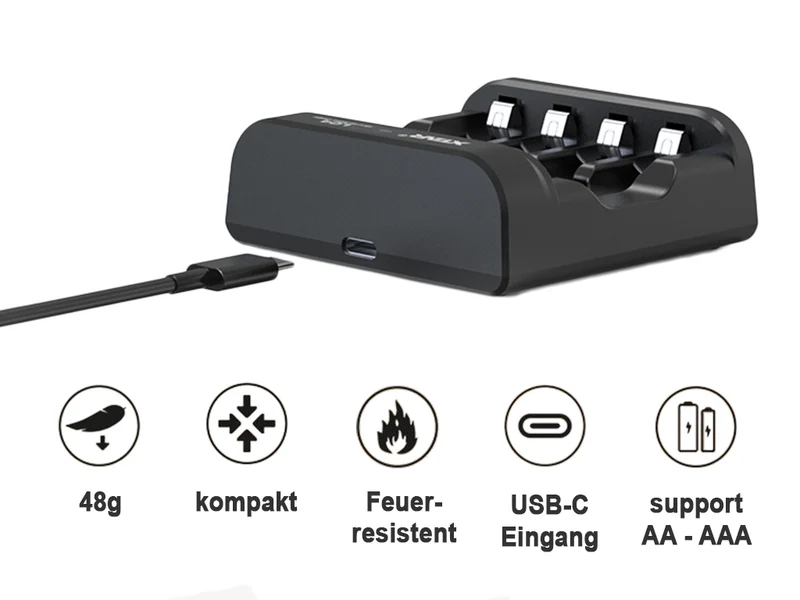 Xtar L4 – Ladegerät, incl. 4x AA (Mignon) LR6 1,5V Li-Ion Akkus mit Akku-Wechselanzeige