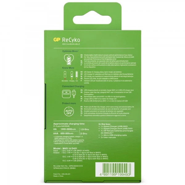 USB-Modell Ladegerät GP M451 Mainstream-Line 4 x ReCyko AA 2600 mAh USB Dockingstation
